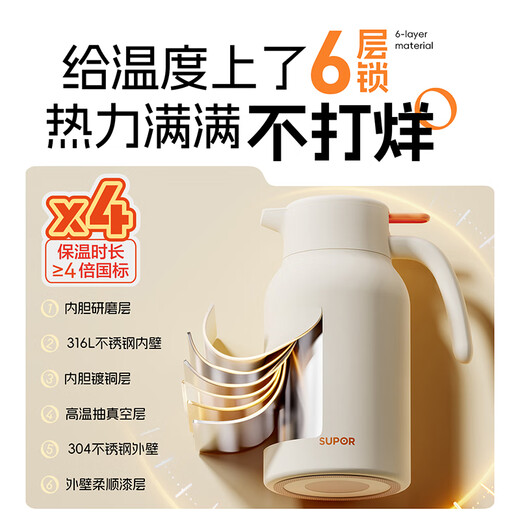 SUPOR thermos kettle large capacity household thermos kettle 316L stainless steel thermos push-type office dormitory thermos soft white-2L upgraded 316L stainless steel