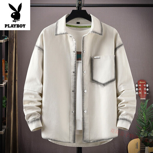 Playboy American High Street Denim Jacke für Jungen 2025 Frühlings- und Herbstwaschen vielseitiger Kontrastverkehrs -Casual -Jacke. 16823 Normaler 3xL im White-Stil ca. 150-170jin [Jin gleich 0,5 kg] kann getragen werden