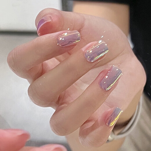 我的七天穿戴甲甲片批发中长款黑色蝴蝶结星星美甲贴成品假指甲贴 BY1047晶莹紫蝶 胶水款