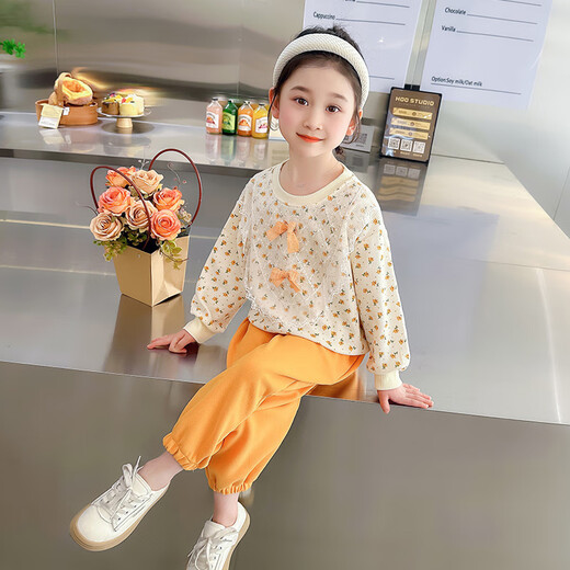 Burwilde International Brand Girls' Fashion Floral Sweater Set Western Style Spring Style Children's Korean Style Two-piece Spring and Autumn Casual Suit Green (Gift Box) 120 cm (Reference Height 112-1204-5 Years Old)