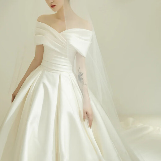 Pierre Cardin (Pierre Cardin) Satin Wedding Dress 2025 New Temperament Bride One-shoulder Palace Style French Atmosphere Simple Fairy Style Main Entrance Veil Ivory White (Tie) XL