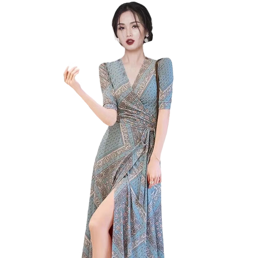 Gulan Dilly tall women's clothing 170-175 set lady temperament skirt goddess style V-neck dress women 2025 3519 black plum blossom S [normal delivery]