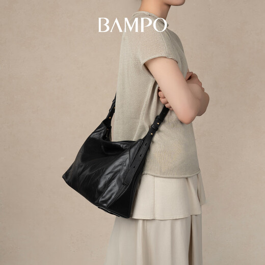 半坡饰族（bampo）头层牛皮HOBO包包专柜新款通勤大容量轻奢单肩托特包520礼物 纯黑930S