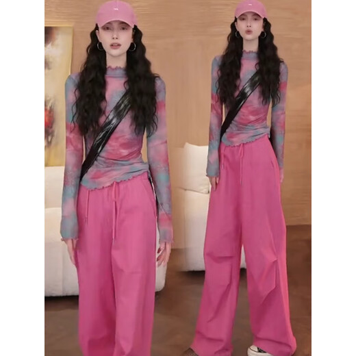 Tachimis Touch Miss Trendy Modeanzug für Frauen 2025 Frühlings- und Sommer-neuer Stil Slim Contrasting Color Casual Zweiköpfige zweiköpfige langärmlige Top + Pink Hosen S [Gewicht 80-100 Jin [Jin entspricht 0,5 kg]]
