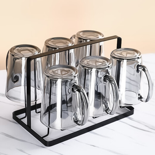 Fat Dongli glass water cup household complete set of living room tea cup set for entertaining guests drinking cup with handle high-value tea set graphite gray handle cup 6 pieces + black stand + kettle + ash tray