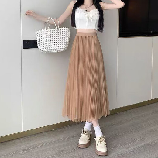 高端网纱半身裙女春秋时尚两面穿百褶垂感纱裙中长款高腰显瘦裙子 咖色【1369】 L 推荐【110-120斤】