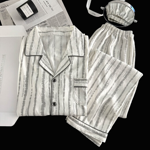 UKUHPK Pyjama Herren Frühlings- und Herbst-Cloud-Baumwoll-Langarmdünnstil 2025 Jugend Einfacher großer Sommerset 12401 [Modell Cloud Cotton] L [100-130jin [Jin entspricht 0,5 kg]]