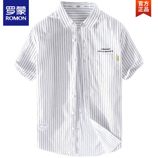 Kurzarmes Hemd von Romon-Männern Japanische gestickte lose gestreifte Tops Sommer Thin Casual und vielseitiges Baumwollhemd 9721 Weiß M 100jin [Jin entspricht 0,5 kg]