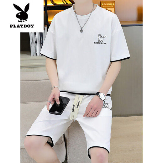 Playboy (PLAYBOY) high-end casual sports suit for men's summer shorts with breathable T-shirt for men's summer teenagers [Set] 6182 White L (recommended 115-135Jin [Jin equals 0.5 kg])