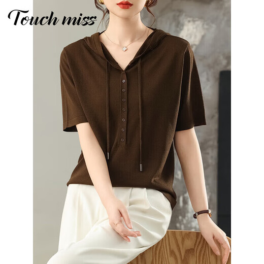 塔驰密司 TOUCH MISS时尚潮流针织衫女2025夏季新款宽松连帽罩衫休闲轻薄短袖上衣 兰色 L 108-118斤