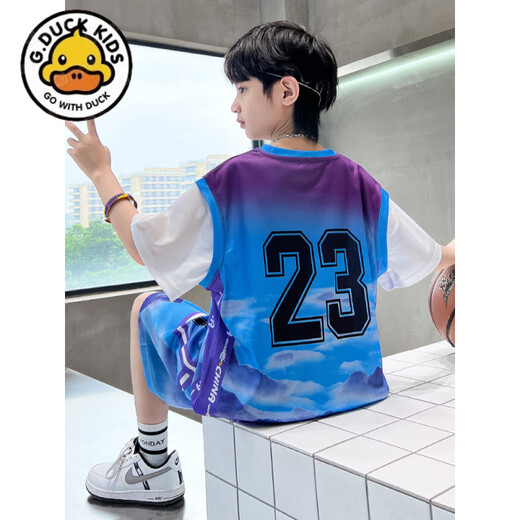 G. DUCKKIDS小黄鸭男童夏装球服套装洋气儿童夏季篮球服中大童运动短袖速干衣 DMG-9905-地球球服-蓝色 120 建议身高110cm