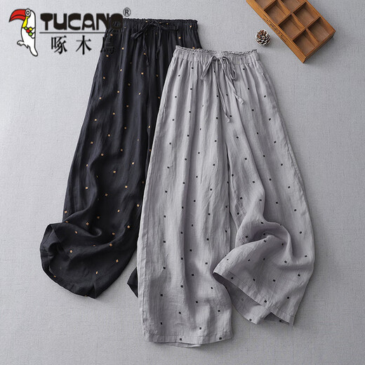 Woodpecker cotton linen polka dot wide-leg pants for women in summer elastic waist lace draped slim casual pants linen nine-point straight pants gray M [90-115Jin[Jin equals 0.5 kg]]