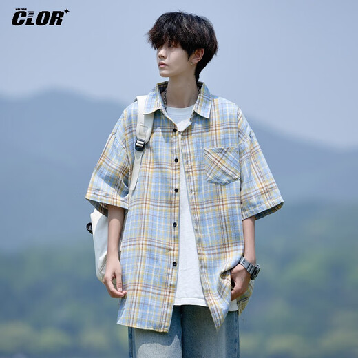 CLOR plaid short-sleeved shirt men's summer ins loose casual shirt American retro jacket CLCX10 yellow XL