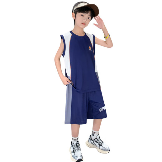 Niños Summer Seda Seda de color secado rápido Uniforme de baloncesto sin mangas 2025 Nuevo chaleco delgado de los niños pantalones cortos de chalecos delgados de los niños Traje gris (Top + pantalones sin mangas) 160 (recomendado dentro de 150)