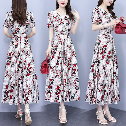 DRYWORLD2025 new summer chiffon floral dress with large size fat mm waist slimming and long skirt covering belly color [Apricot bottom red flower 9737 fashionable and versatile] 4XL