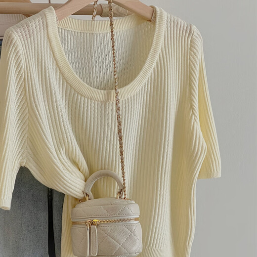 
Yingtang yellow front shoulder short-sleeved T-shirt for women 2025 summer new high-end and versatile slim fit short knitted off-white, single size 12247[80-120Jin[Jin equals 0.5 kg]]