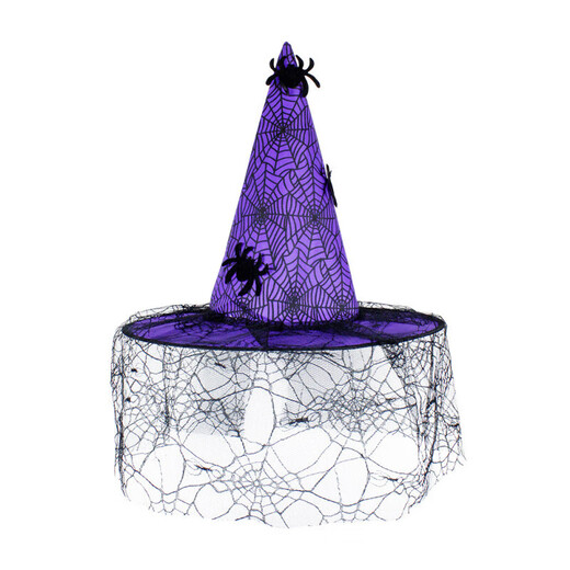 Halloween Hat Witch Party Decoration Corner Mesh Pumpkin Print Magician Witch Hat Black Pointed Wizard Hat Pleated Witch Hat-Black One Size