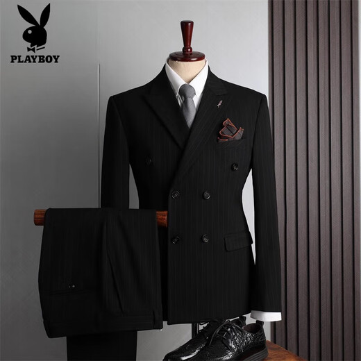Playboy (PLAYBOY) Official Double-breasted Men's Suit Striped Stretch Casual Banquet Groom Wedding Dress Suit Double-breasted Classic Black (Jacket + Pants) XL