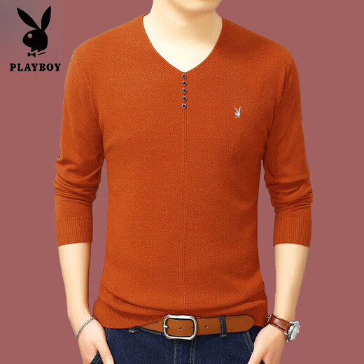 Playboy brand Men's long-sleeved T-shirt 2025 spring and autumn new V-neck solid color high-end casual, non-scalding anti-wrinkle base shirt 1518 black 2XL 180 (recommended 150-165Jin [Jin equals 0.5 kg])