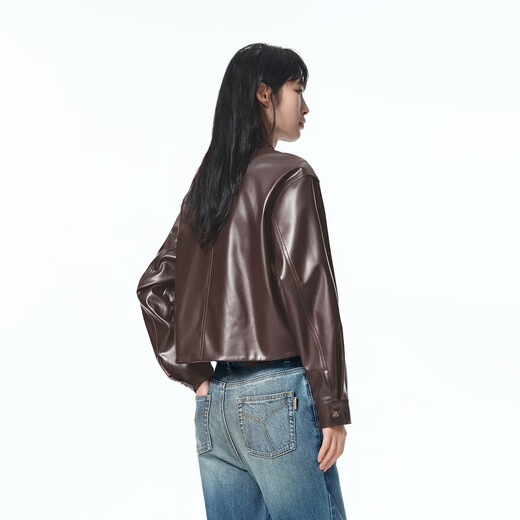 PEACEBIRD Women's Leather Jacket Gold Buckle Small Stand Collar Imitation Protein PU Leather Jacket Women's Truncated Motorcycle Maroon M