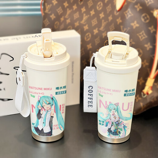 Zhewei Hatsune Miku thermal insulation straw water cup for women with large capacity high-value wear cup stainless steel cold-proof double drink coffee cup BXAB1391 Hatsune Miku stainless steel inner liner-520ML with lanyard