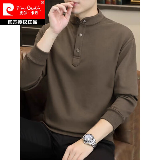 Pierre Cardin stand collar sweatshirt men's spring and autumn trendy Henry collar Polo shirt trendy brand casual men's pullover long-sleeved bottoming shirt WY2288 black style regular XL