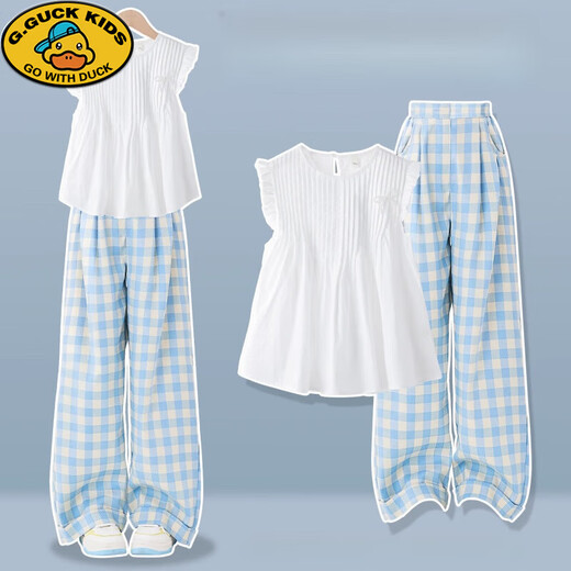 
G.DUCKKIDS girls summer suit 2025 new children's summer outfit forest sweet mid-large children summer sleeveless vest 9992 white + 15266 blue 140 cm