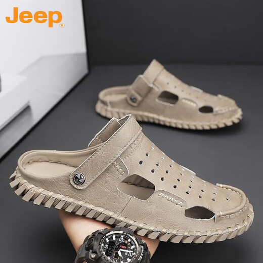 Jeep (Jeep) Sandalias Baotou para hombres de doble uso de hombres 2023 Summer NUEVO estilo al aire libre Driver de dos lados Sandalias de cuero de playa transpirable 12033 Hy Black 40