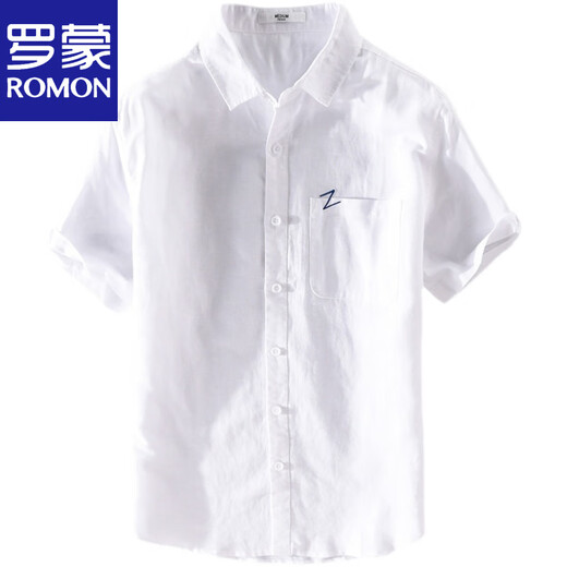 罗蒙（ROMON）男士亚麻短袖衬衫日系宽松薄款夏季青年纯色休闲棉麻料衬衣服 9711淡蓝 3XL 160斤左右