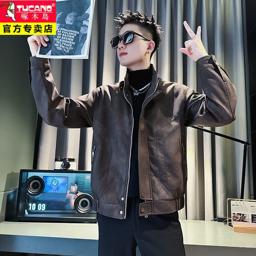 啄木鸟（TUCANO）皮衣外套男秋冬款加厚痞帅美式复古短款皮褂子飞行员机车服夹克衫 咖色 A343-JK180收藏加购优先发 M