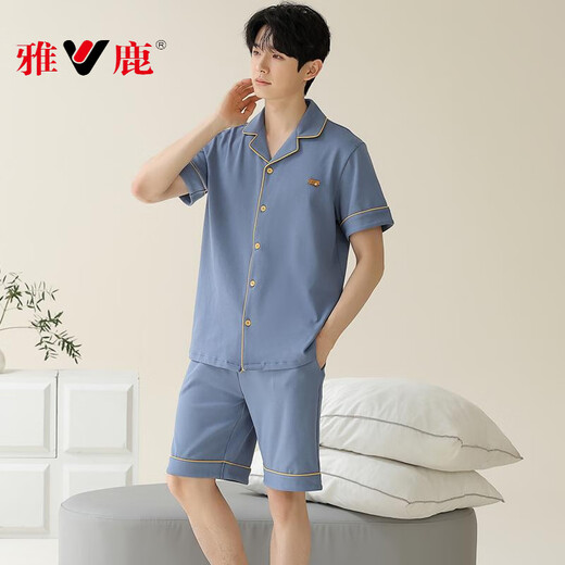 
Yalu pajamas men's 2025 summer pure cotton short sleeve shorts cardigan thin large size solid color casual home clothing set blue green 12801 L [recommended 100-120Jin [Jin equals 0.5 kg] wear]