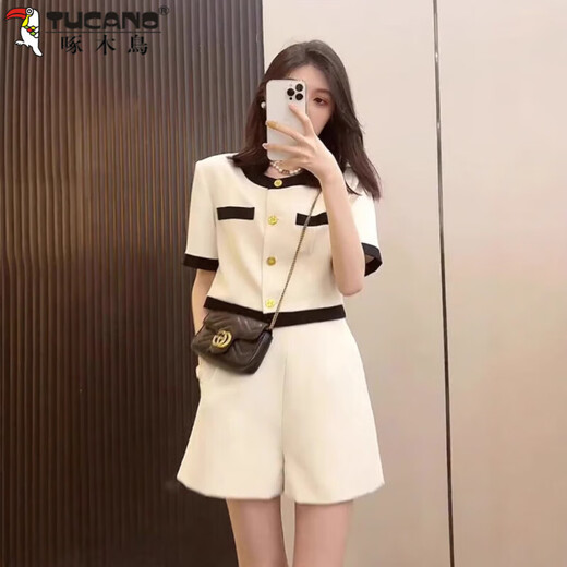 Pájaro carpintero (Tucano) Mujer coreano Summer Small Fragance Style Traje de gran tamaño, pantalones cortos delgados de tamaño, sets de dos piezas para personas pequeñas con 2xl azul