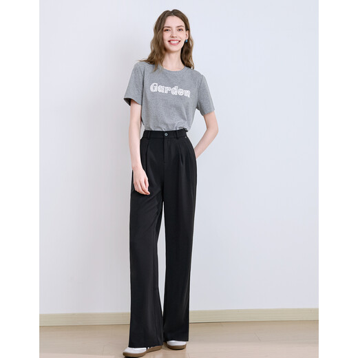 Betu Women's Clothing 2025 Summer Nuevo pantalones informales de pierna ancha colgando pantalones de traje versátiles de cintura alta 2507t43 Black M