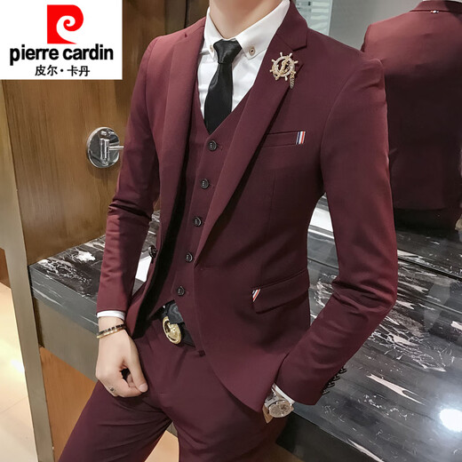 Pierre Cardin groom and groomsmen wedding suit Korean style small suit slim and trendy three-piece men's business casual formal suit New* black suit + double-breasted vest + trousers S