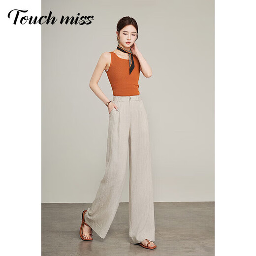 塔驰密司 TOUCH MISS轻奢休闲百搭西裤女夏季薄款透气阔腿裤高个子加长拖地直筒裤子 麻本色 20 92-105斤内