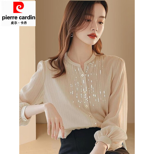 Pierre Cardin top chiffon shirt small shirt sequined spring and autumn women's clothing counter 2025 new long-sleeved cut label high-end bottoming beige shirt counter Western temperament S