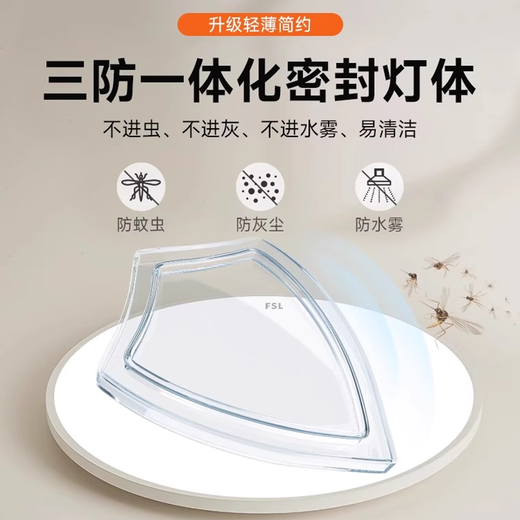 FSL Foshan Lighting Full Spectrum Three-Proof Ceiling Lamp Bedroom Balcony Lamp IP40 Moisture-proof Dust-proof Mosquito-proof Simple Ultra-thin 12W White Light (6000K) Size 220*58mm