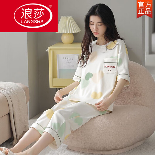 浪莎（LangSha）2025年新款睡衣女夏季纯棉短袖七分裤薄款休闲可外穿家居服舒适 9859【短-袖短-裤】 2XL 【建议140-160斤穿】