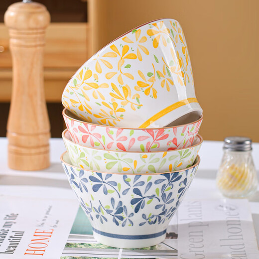 Four seasons prosperous bamboo hat bowl household ceramic eating underglaze color rice bowl set prosperous 4.5 inch bowl 1 piece green