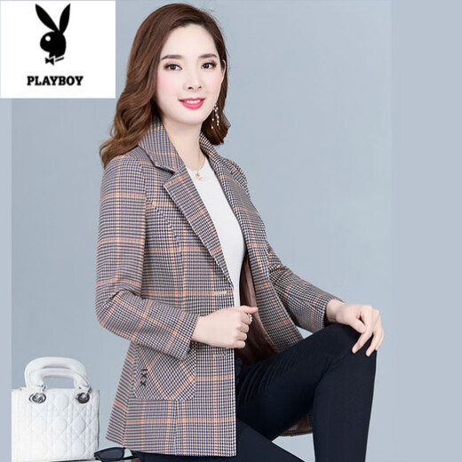 Playboy (PLAYBOY) short blazer for women 2025 new autumn style middle-aged spring autumn middle-aged mother autumn small suit western style plaid orange plaid 5XL recommended 138-150Jin Jin equals 0.5 kg