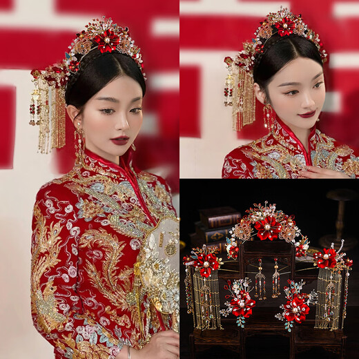 
Pang Donglai Quality Bride Xiuhe Headdress New Chinese Style 2025 New Style Antique Hair Clothing Wedding Dress Accessories Yongjie Tongxin Headdress Set (Ear Clip)