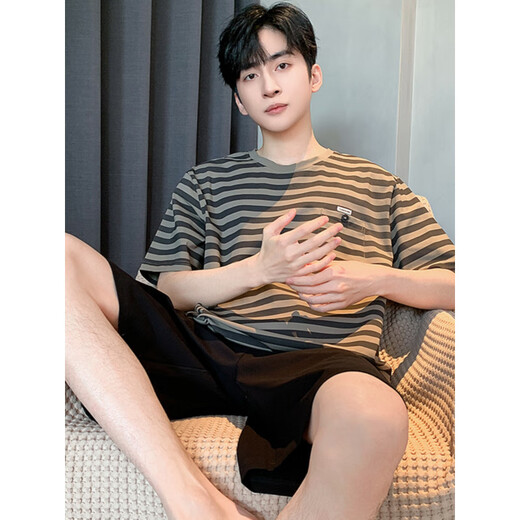 康多蜜男士睡衣夏季纯棉男短袖短裤款純棉家居服条纹休闲可外穿夏款宽松 YZT679男 L [建议110-135斤穿]