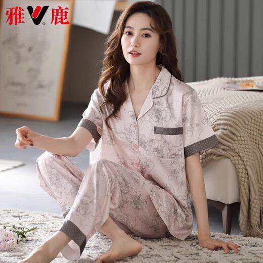 Yalu high-end 2025 pajamas for women in summer satin short-sleeved trousers new summer silk summer middle-aged mother home clothes 6626 L (weight 100-120 Jin [Jin equals 0.5 kg])