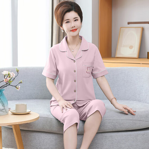 雅鹿妈妈开衫睡衣女夏季棉短袖七分裤大码薄款中老年妈妈家居服套装 9893# M 【建议80-100斤】