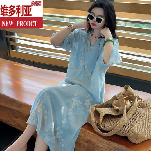 维多利亚的格调度假风气质重工刺绣棉麻连衣裙女2025夏季新款宽松显瘦优雅中长裙 浅蓝色 S 建议105斤以内