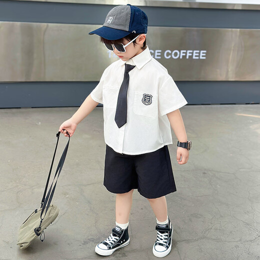 G.DUCKKIDS Little Yellow Duck Boys Suit Summer College Style Children's Suit Performance Suit Boys White Shirt Black Pants Two-piece Set White Shirt + Black Pants + Tie 140 Recommended for 9 to 10 years old [130-140cm]cm