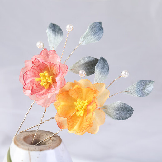 Meng Junchen, permed velvet leaf hairpin, ancient style hair accessories, silk flower headdress, Hanfu accessories, super fairy hairpin, daily U hairpin, flowers, permed velvet leaf - pink and purple