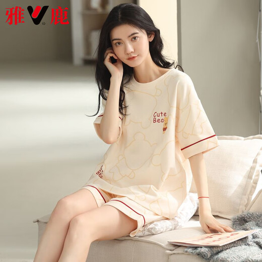 雅鹿轻奢2025睡衣女款夏季纯棉短袖短裤可外穿年新款全棉家居服套装 9855 M