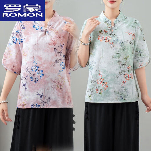 罗蒙（ROMON）纯棉中式夏装时尚洋气2025新款气质中老夏季国风T恤小衫上衣短袖 花色 1号色 Q24-10 款  上衣 XL 建议90-115斤