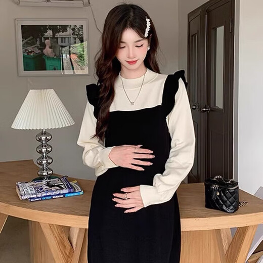 Robe des femmes enceinte printemps et automne français de style hepburn grande taille en vrac faux jupe tricotée en automne et hiver haut de gamme, faux jeu de deux pièces xxl